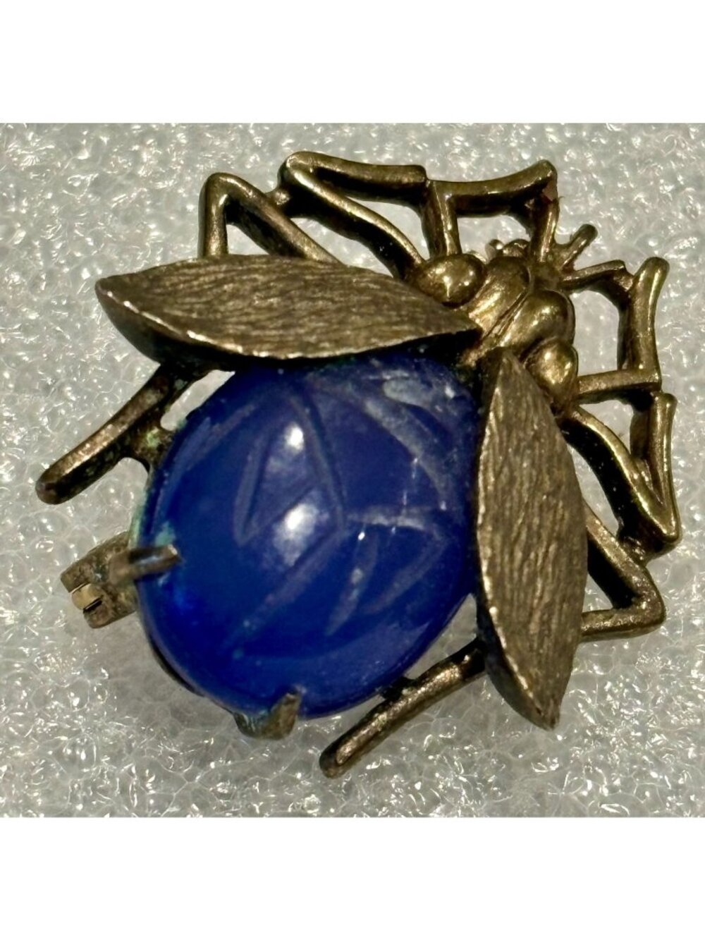 Weis Scarab Gold Washed Sterling Carved Stone Brooch Signed 7.9gr RARE